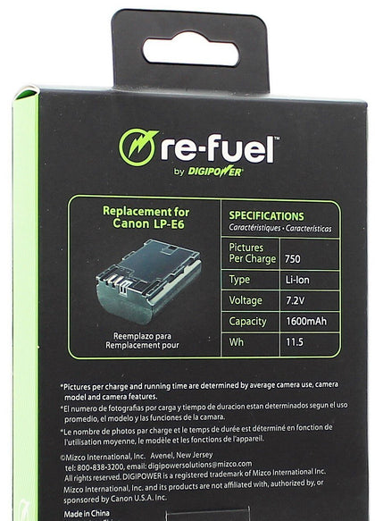 Digipower - Re-Fuel Rechargeable Lithium-Ion Replacement Battery for Canon Lp-e6